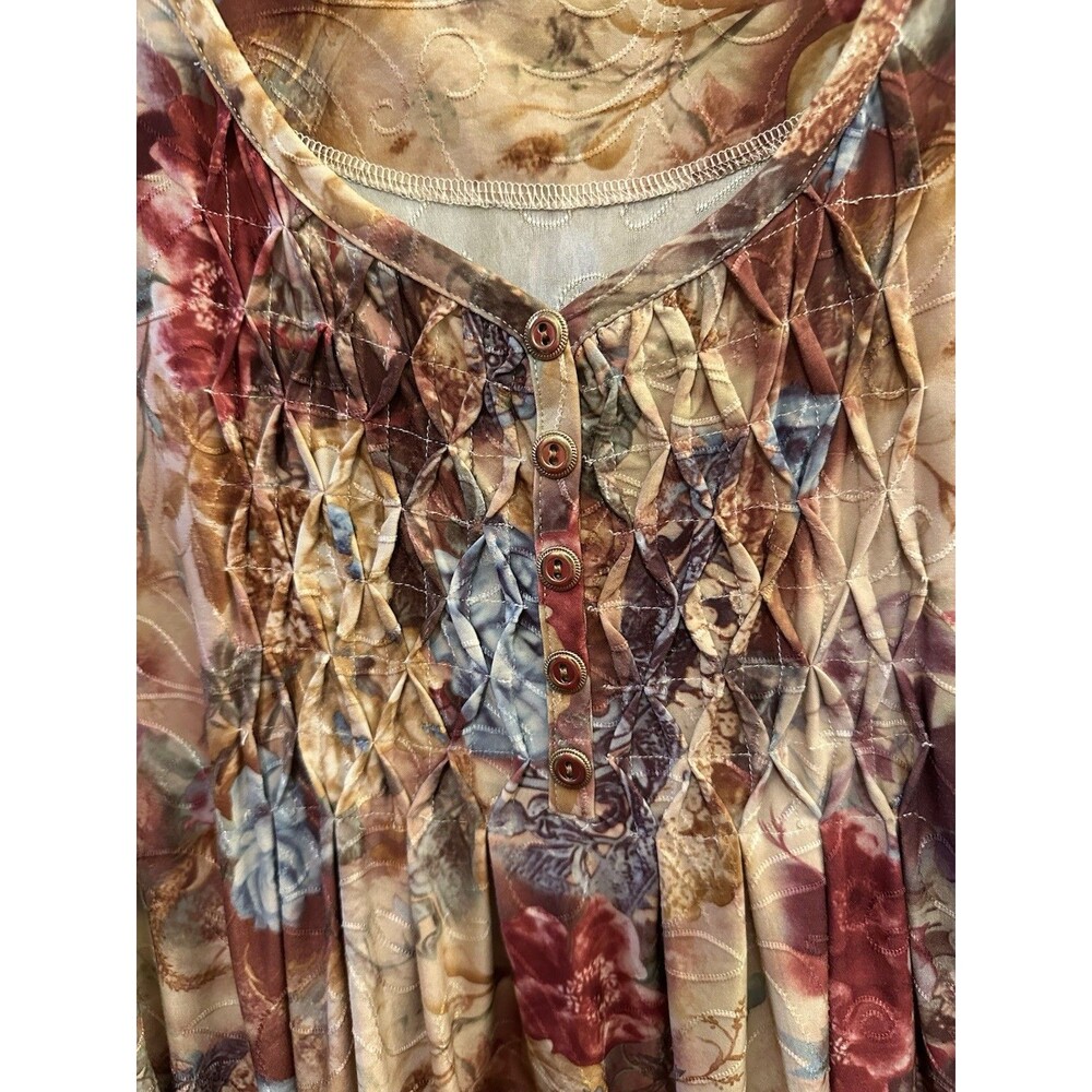 Cocomo Floral Boho Tunic Top S/M Pintuck Henley 3/4 Sleeve Handkerchief Hem - Picture 4 of 8